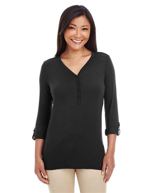 Women's Perfect Fit™ Y-Placket Convertible Sleeve Knit Top - - 13190 Black 3/4 Sleeves 5-5.9 oz 723B2 AB Exclusive Brands CA New ab Cotton Devon & Jones DP186W Henley Knit Long Sleeves New AB Polos & Knits Rayon S&S Deep Deals S&S Exclusive Brands Spandex T-Shirts - Long Sleeve Tops V-Neck Womens