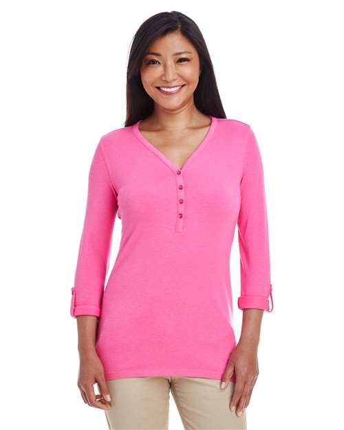Women's Perfect Fit™ Y-Placket Convertible Sleeve Knit Top - - 13190 Charity Pink 3/4 Sleeves 5-5.9 oz 723B2 AB Exclusive Brands CA New ab Cotton Devon & Jones DP186W Henley Knit Long Sleeves New AB Polos & Knits Rayon S&S Deep Deals S&S Exclusive Brands Spandex T-Shirts - Long Sleeve Tops V-Neck Womens