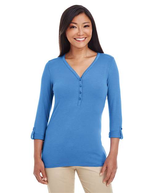 Women's Perfect Fit™ Y-Placket Convertible Sleeve Knit Top - - 13190 French Blue 3/4 Sleeves 5-5.9 oz 723B2 AB Exclusive Brands CA New ab Cotton Devon & Jones DP186W Henley Knit Long Sleeves New AB Polos & Knits Rayon S&S Deep Deals S&S Exclusive Brands Spandex T-Shirts - Long Sleeve Tops V-Neck Womens