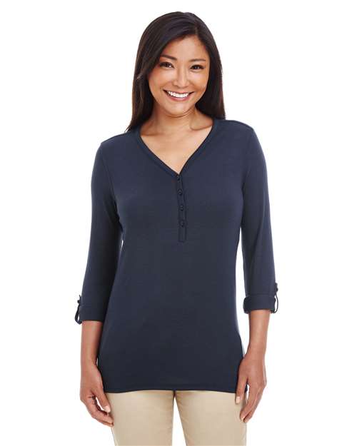 Women's Perfect Fit™ Y-Placket Convertible Sleeve Knit Top - - 13190 Navy 3/4 Sleeves 5-5.9 oz 723B2 AB Exclusive Brands CA New ab Cotton Devon & Jones DP186W Henley Knit Long Sleeves New AB Polos & Knits Rayon S&S Deep Deals S&S Exclusive Brands Spandex T-Shirts - Long Sleeve Tops V-Neck Womens