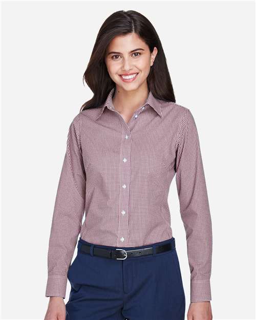 Devon & Jones D640W, Women's Crown Collection Gingham Check Woven Dress Shirt, Burgundy