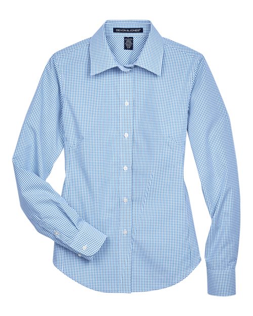 Devon & Jones D640W, Women's Crown Collection Gingham Check Woven Dress Shirt, French Blue