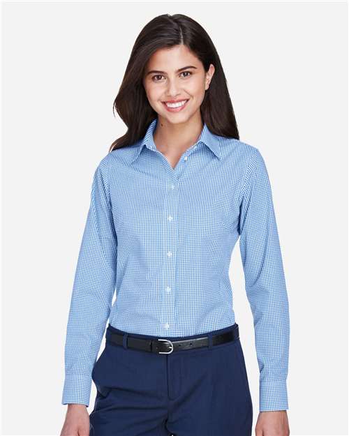 Devon & Jones D640W, Women's Crown Collection Gingham Check Woven Dress Shirt, French Blue
