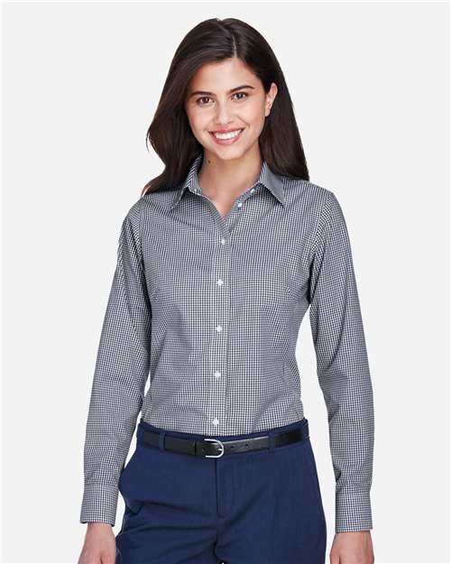 Devon & Jones D640W, Women's Crown Collection Gingham Check Woven Dress Shirt, Navy