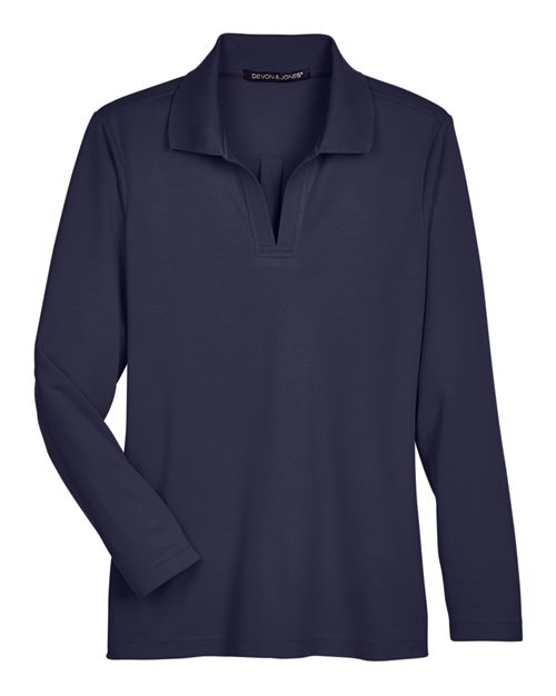 Devon & Jones DG20LW, Women's Crownlux Performance Plaited Long Sleeve Polo, Navy