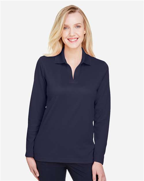 Devon & Jones DG20LW, Women's Crownlux Performance Plaited Long Sleeve Polo, Navy