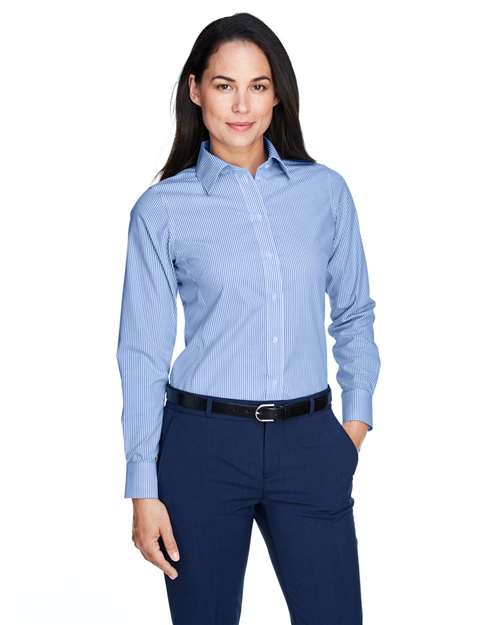 Women's Crown Collection® Banker Stripe Woven Dress Shirt - - 13323 French Blue 3-3.9 oz 607B2 AB Exclusive Brands CA New ab Cotton D645W Devon & Jones Dress Shirts Long Sleeves New AB Polyester S&S Exclusive Brands Stain Resistant Stripes Tops Womens Wovens Wovens & Dress Shirts Wrinkle Free