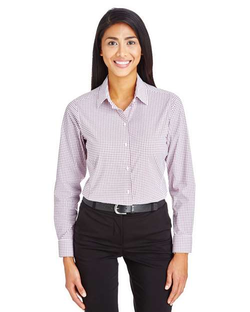 Devon & Jones DG540W, Women's Crownlux Performance Micro Windowpane Woven Dress Shirt, Burgundy/ White