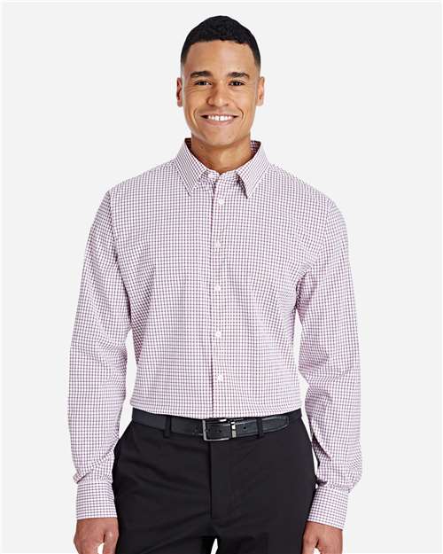 Devon & Jones DG540, Men's Crownlux Performance Micro Windowpane Woven Dress Shirt, Burgundy/ White