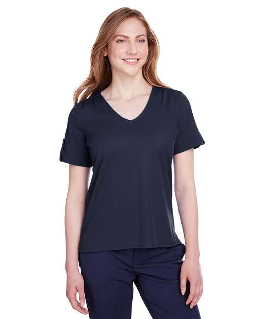 Women's CrownLux Performance® Plaited Rolled Sleeve Shirt - - 13387 Navy 641B2 AB Exclusive Brands CA New ab Devon & Jones DG20WB Moisture-Management New AB Performance S&S Deep Deals Short Sleeves Side Seams Sport Shirts Sun/UV Protection Tops Womens