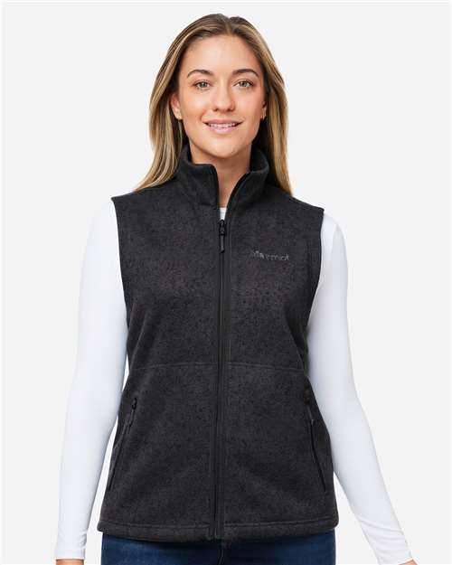 Women's Drop Line Fleece Vest - - 13611 Black Heather 727D1 CA New ab Fleece Full-Zips M16251 Marmot New AB Outerwear Pockets Polyester Polyester - 100% Recycled Sleeveless Vests Womens Zips
