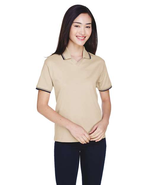 Women's Tipped Perfect Pima Interlock Polo - - 13636 Stone Navy 596B2 AB Exclusive Brands CA New ab Cotton - 100% D140W Devon & Jones New AB Polos Polos & Knits S&S Deep Deals S&S Exclusive Brands Short Sleeves Side Seams Sport Shirts Tops Womens