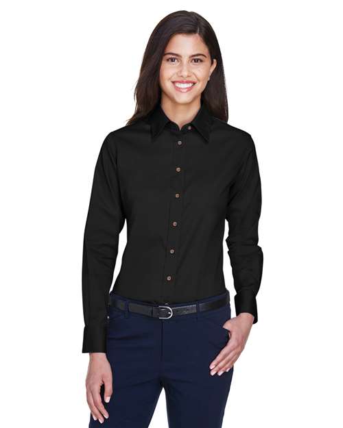 Women's Easy Blend™ Long Sleeve Twill Dress Shirt with Stain-Release - - 13841 Black 240B9 4-4.9 oz AB Exclusive Brands CA New ab Cotton Dress Shirts Harriton Long Sleeves M500W New AB Polyester S&S Exclusive Brands Spiritwear Stain Resistant Tops Womens Wovens Wovens & Dress Shirts Wrinkle Free