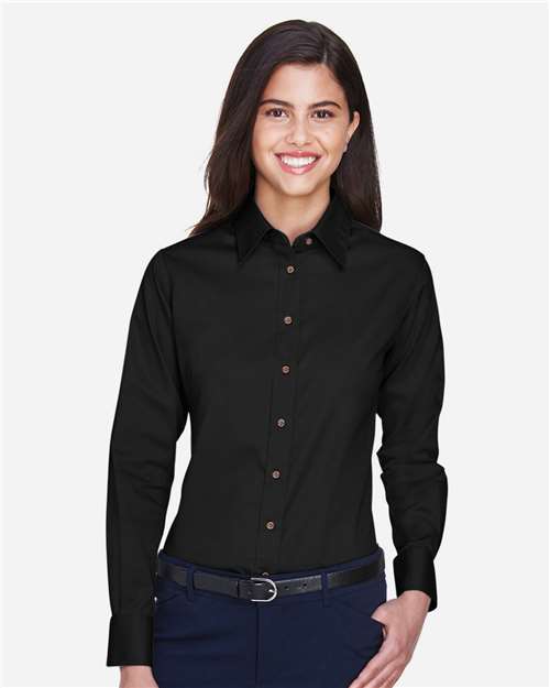 Harriton M500W, Women's Easy Blend Twill Dress Shirt With Stain-release, Black