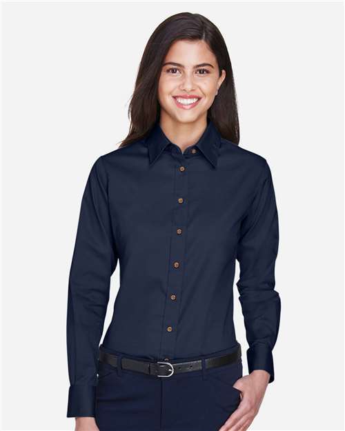 Harriton M500W, Women's Easy Blend Twill Dress Shirt With Stain-release, Navy