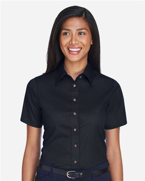 Harriton M500SW, Women's Easy Blend Short Sleeve Twill Dress Shirt With Stain-release, Black