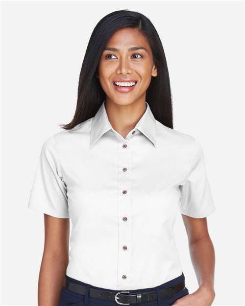 Harriton M500SW, Women's Easy Blend Short Sleeve Twill Dress Shirt With Stain-release, White