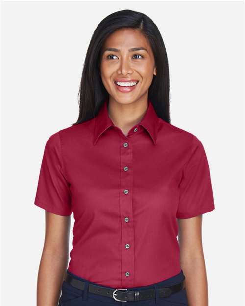 Harriton M500SW, Women's Easy Blend Short Sleeve Twill Dress Shirt With Stain-release, Wine