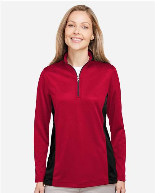 Harriton M786W, Women's Flash Snag Protection Plus Il Colorblock Quarter-zip Pullover, Red/ Black