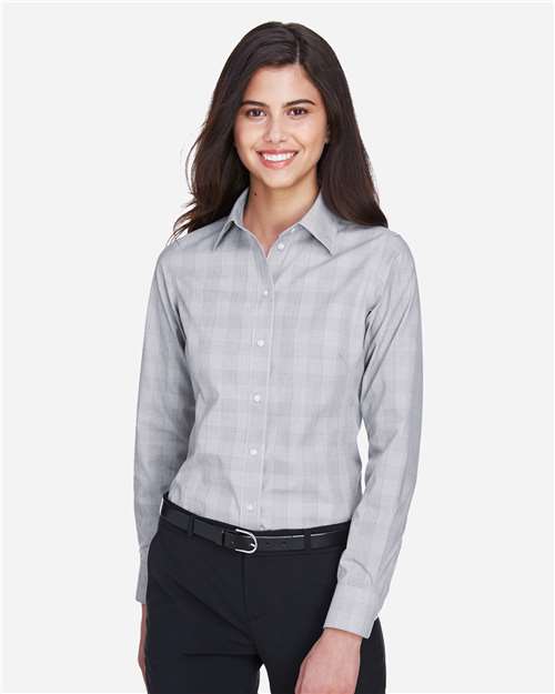 Devon & Jones DG520W, Women's Crown Collection Glen Plaid Woven Dress Shirt, White/ Graphite/ Light Grey