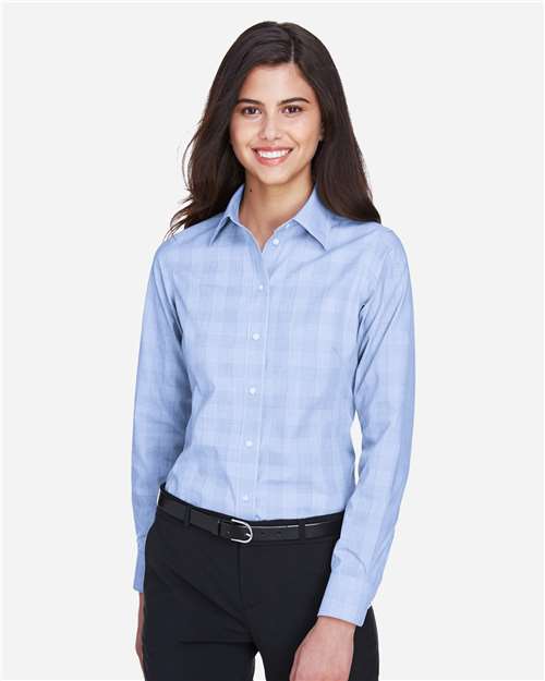 Devon & Jones DG520W, Women's Crown Collection Glen Plaid Woven Dress Shirt, White/ Light French Blue/ French Blue