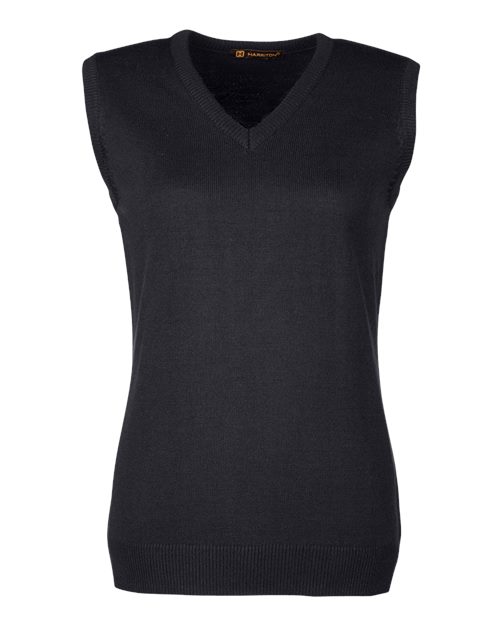 Harriton M415W, Women's Pilbloc V-neck Sweater Vest, Black
