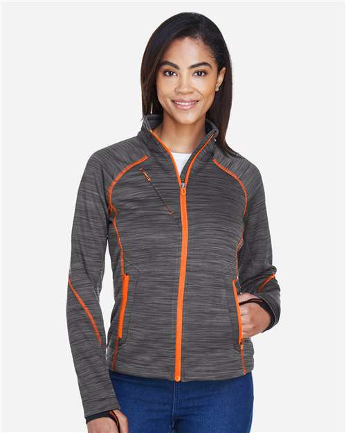 North End 78697, Women's Flux Mélange Bonded Fleece Jacket, Carbon/ Orange Soda