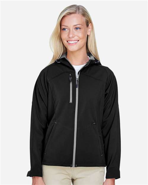 Women's Prospect Two-Layer Fleece Bonded Soft Shell Hooded Jacket - - 14137 Black 111D3 7-7.9 oz 78166 AB Exclusive Brands Adjustable Back to School 2025 CA CA New ab Drawstring Fleece Full-Zips Hooded Jackets Media Pocket New AB North End Outerwear Performance Pockets Polyester S&S Exclusive Brands Soft Shells Spandex Water Resistant Womens Zips