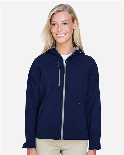 Women's Prospect Two-Layer Fleece Bonded Soft Shell Hooded Jacket - - 14137 Classic Navy 111D3 7-7.9 oz 78166 AB Exclusive Brands Adjustable Back to School 2025 CA CA New ab Drawstring Fleece Full-Zips Hooded Jackets Media Pocket New AB North End Outerwear Performance Pockets Polyester S&S Exclusive Brands Soft Shells Spandex Water Resistant Womens Zips