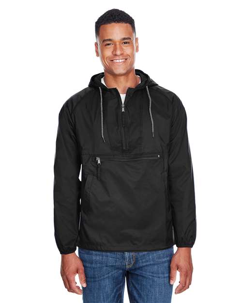 Unisex Packable Hooded Nylon Jacket - - 14181 Black 290B9 AB Exclusive Brands Adjustable CA New ab Drawstring Harriton Hooded Jackets Long Sleeves M750 Mens & Unisex New AB Nylon Outerwear Packables Pockets Pullovers Quarter-Zips S&S Exclusive Brands Spiritwear Water Resistant Zips