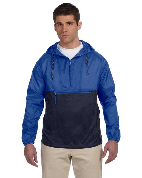 Unisex Packable Hooded Nylon Jacket - - 14181 Royal Navy 290B9 AB Exclusive Brands Adjustable CA New ab Drawstring Harriton Hooded Jackets Long Sleeves M750 Mens & Unisex New AB Nylon Outerwear Packables Pockets Pullovers Quarter-Zips S&S Exclusive Brands Spiritwear Water Resistant Zips