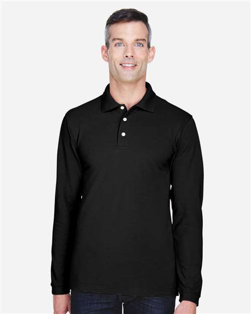 Harriton M265L, Men's Easy Blend Long Sleeve Polo, Black