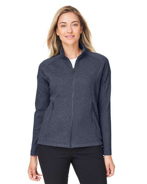 Women's Spirit Textured Full-Zip - - 14283 Classic Navy Heather 210D3 8-8.9 oz AB Exclusive Brands Activewear CA New ab Corporate Corporate Gifting & Incentives Corporate Gifting - Splurge Cotton Full-Zips Knit Long Sleeves NE727W New AB North End Outerwear Performance Pockets Polos & Knits Polyester Socially Conscious Manufacturing Spandex Sun/UV Protection Sustainable Materials Sustainable Styles Tops Womens Zips