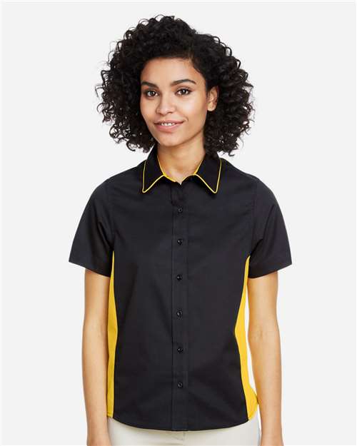 Harriton M586W, Women's Flash Il Colorblock Shirt, Black/ Sunray Yellow