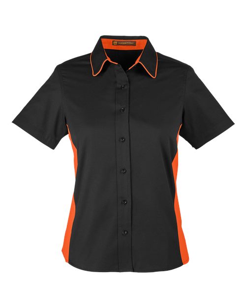 Harriton M586W, Women's Flash Il Colorblock Shirt, Black/ Team Orange