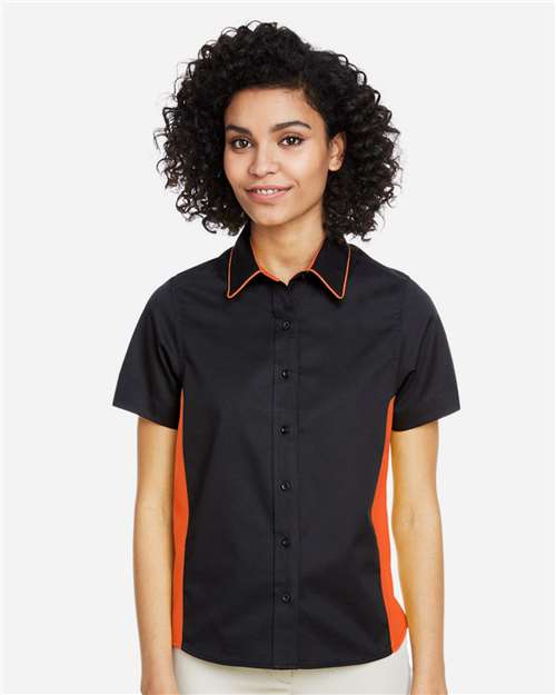 Harriton M586W, Women's Flash Il Colorblock Shirt, Black/ Team Orange