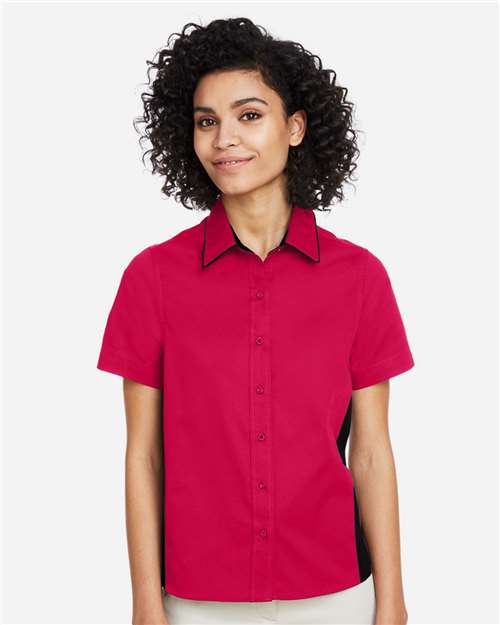 Harriton M586W, Women's Flash Il Colorblock Shirt, Red/ Black