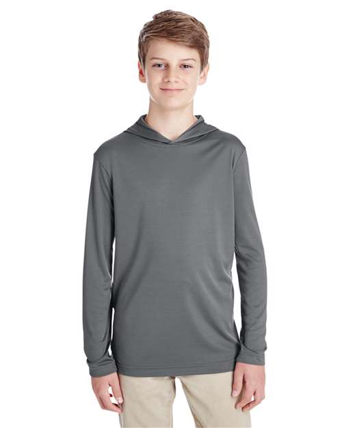 Youth Zone Performance Hooded T-Shirt - - 14324 Sport Graphite 3-3.9 oz 713D9 AB Exclusive Brands CA New ab Crewneck Long Sleeves Moisture-Management New AB Performance Polyester - 100% S&S Exclusive Brands Side Seams T-Shirts T-Shirts - Long Sleeve Team 365 Tops TT41Y Youth
