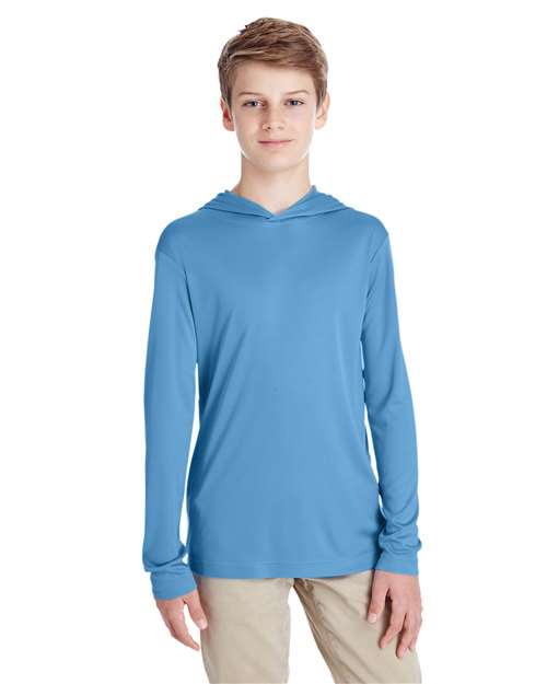 Youth Zone Performance Hooded T-Shirt - - 14324 Sport Light Blue 3-3.9 oz 713D9 AB Exclusive Brands CA New ab Crewneck Long Sleeves Moisture-Management New AB Performance Polyester - 100% S&S Exclusive Brands Side Seams T-Shirts T-Shirts - Long Sleeve Team 365 Tops TT41Y Youth