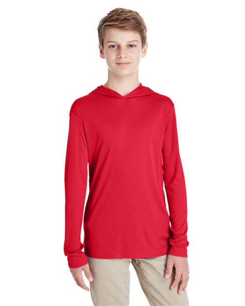 Youth Zone Performance Hooded T-Shirt - - 14324 Sport Red 3-3.9 oz 713D9 AB Exclusive Brands CA New ab Crewneck Long Sleeves Moisture-Management New AB Performance Polyester - 100% S&S Exclusive Brands Side Seams T-Shirts T-Shirts - Long Sleeve Team 365 Tops TT41Y Youth
