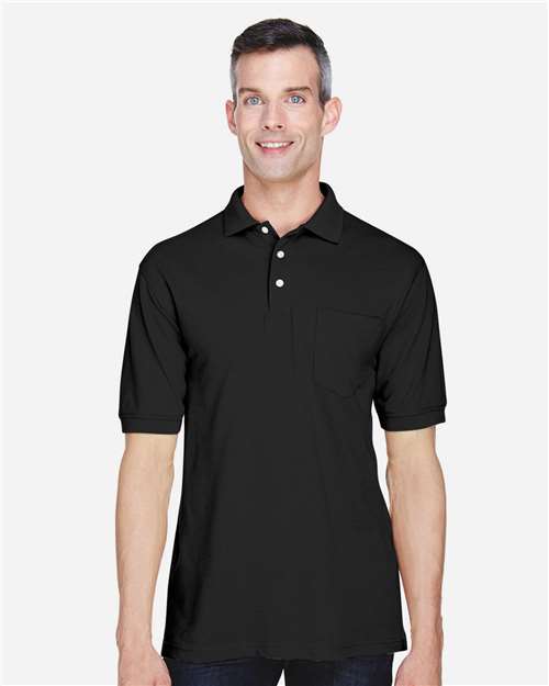 Harriton M265P, Men's Easy Blend Polo With Pocket, Black