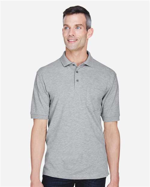 Harriton M265P, Men's Easy Blend Polo With Pocket, Grey Heather