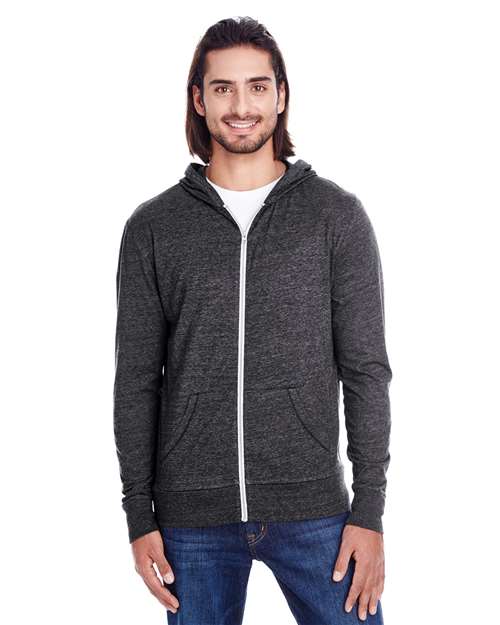 Unisex Triblend Full-Zip Lightweight Hooded Sweatshirt - - 14020 Black Triblend 302Z 4-4.9 oz 787E0 CA New ab Cotton Explore Corporate Explore Corporate Company Gear Explore Corporate Uniforms Fleece - Premium - Hood Full-Zips Hooded Long Sleeves Mens & Unisex Neons New AB Pockets Polyester Rayon Recycled Side Seams Sustainable Manufacturing Sustainable Materials Sustainable Styles Sweatshirts & Fleece Tear Away Threadfast Apparel Tops Triblends Zips