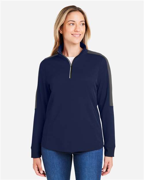 Women's Market Snag Protect Mesh Colorblock Quarter-Zip Pullover - - 14490 Classic Navy Heather Carbon 285A7 4-4.9 oz AB Exclusive Brands Activewear Antimicrobial Back to School 2025 CA CA New ab CE404W CORE365 Long Sleeves Mesh Moisture-Management New AB Performance Polos & Knits Polyester - 100% Pullovers Quarter-Zips S&S Exclusive Brands Spiritwear Sun/UV Protection Tear Away Thumbholes Tops Womens Zips