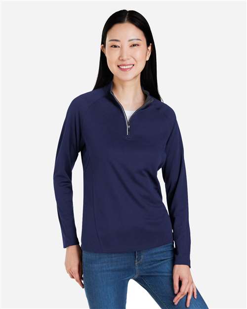 CORE365 CE418W, Women's Origin Performance Pique Quarter-zip Pullover, Classic Navy Heather/ Carbon