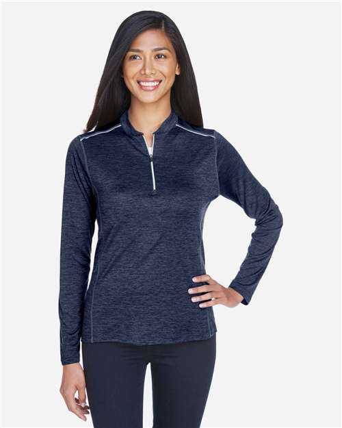 Women's Kinetic Performance Quarter-Zip Pullover - - 14492 Classic Navy Heather Carbon 283A7 4-4.9 oz AB Exclusive Brands Activewear Antimicrobial CA New ab CE401W CORE365 Long Sleeves Moisture-Management New AB Performance Polos & Knits Polyester - 100% Pullovers Quarter-Zips S&S Exclusive Brands Spiritwear Sun/UV Protection Tops Womens Zips