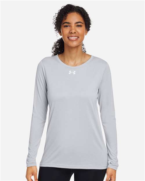 Women's Team Tech™ Long Sleeve T-Shirt - - 14797 Mod Grey Light Heather White 1376852 151E2 AB Retail Exclusive Brands Activewear Apparel CA New ab Crewneck Long Sleeves Moisture-Management New AB Performance Polyester - 100% Recycled S&S Exclusive Brands T-Shirts T-Shirts - Long Sleeve Tops Under Armour Visible Logos Womens