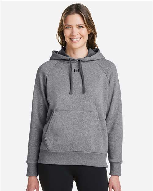 Women's Rival Fleece Hooded Sweatshirt - - 14804 Castlerock Grey Light Heather Black 1379500 164E2 8-8.9 oz AB Retail Exclusive Brands Apparel CA New ab Cotton Fleece Fleece - Premium - Hood Hooded Long Sleeves New AB Pockets Polyester Pullovers S&S Exclusive Brands Sweatshirts & Fleece Tops Under Armour Womens