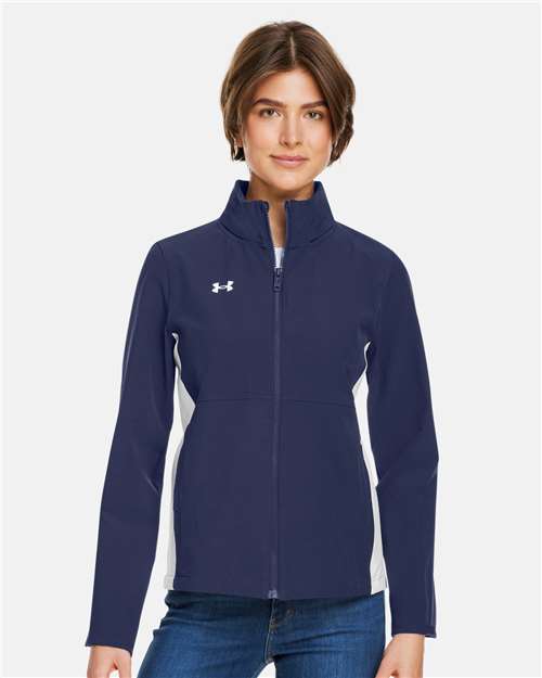 Women's Rival Stretch Jacket - - 14931 Midnight Navy White 1389661 196E2 5-5.9 oz AB Retail Exclusive Brands Activewear Activewear & Loungewear CA New ab Full-Zips Jackets Knit New AB Outerwear Polyester Rain Coats Recycled S&S Exclusive Brands Say Yes to S&S Spandex Under Armour Visible Logos Water Resistant Womens Zips