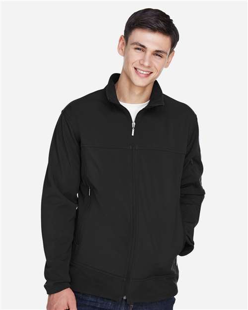 Men's Three layer Fleece Performance Soft Shell Jacket - - 15450 Black 132D3 8-8.9 oz 88099 AB Exclusive Brands Adjustable CA New ab Drawstring Fleece Full-Zips Jackets Mens & Unisex New AB North End Outerwear Performance Pockets Polyester Soft Shells Spandex Waterproof Zips